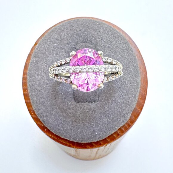 VTG Sterling Silver 925 Pink & White Cubic Zirconia Statement Ring Size 6 - Picture 1 of 9